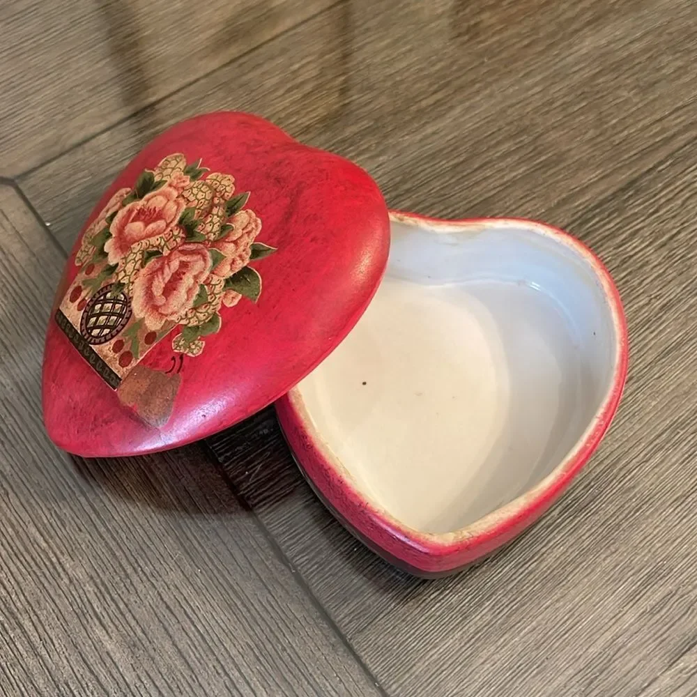 Vintage Red Ceramic Heart Shaped Trinket Box, Floral